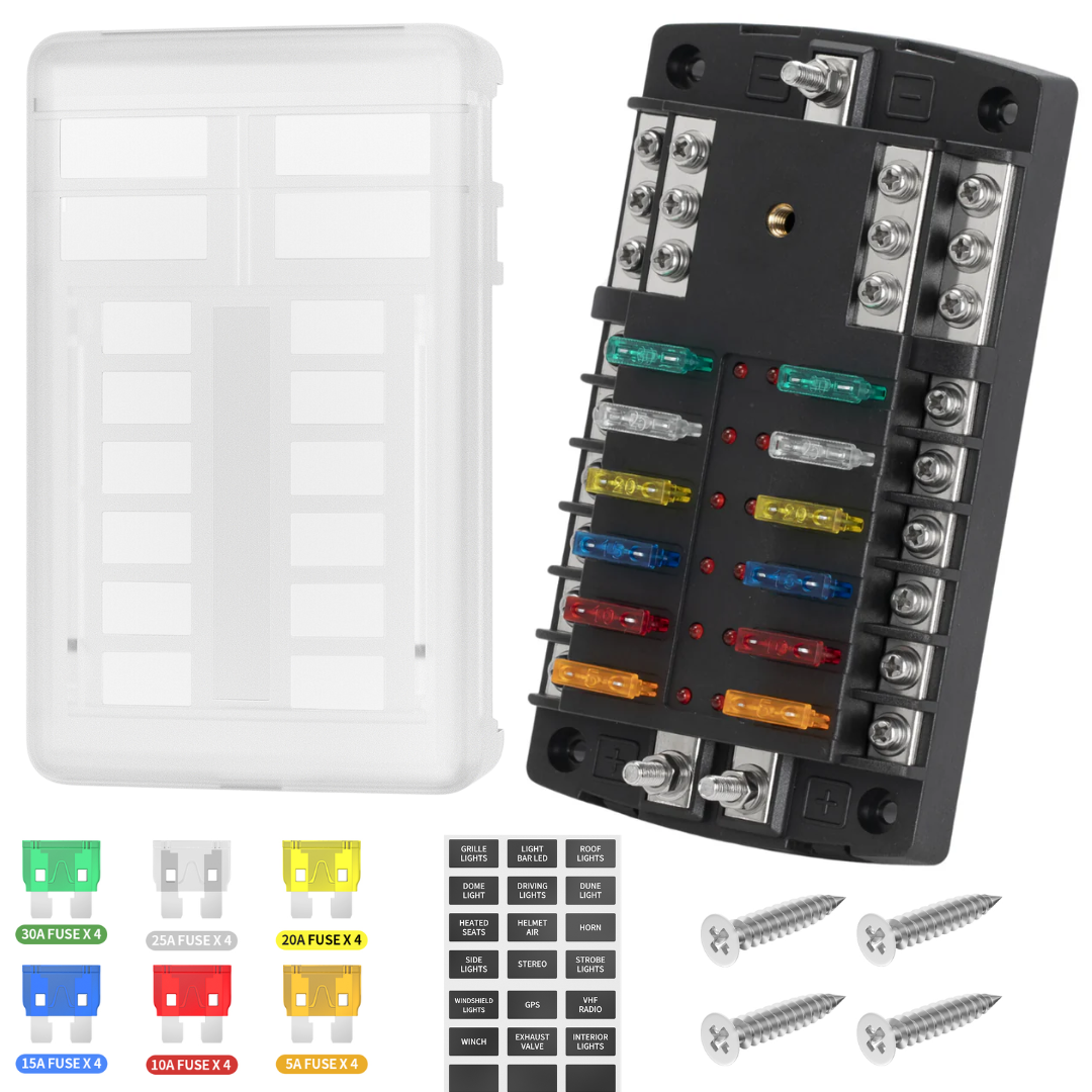 12 Way Blade Fuse Box 300A Stud / 2 x Positive & 1 x Negative Busbar - 