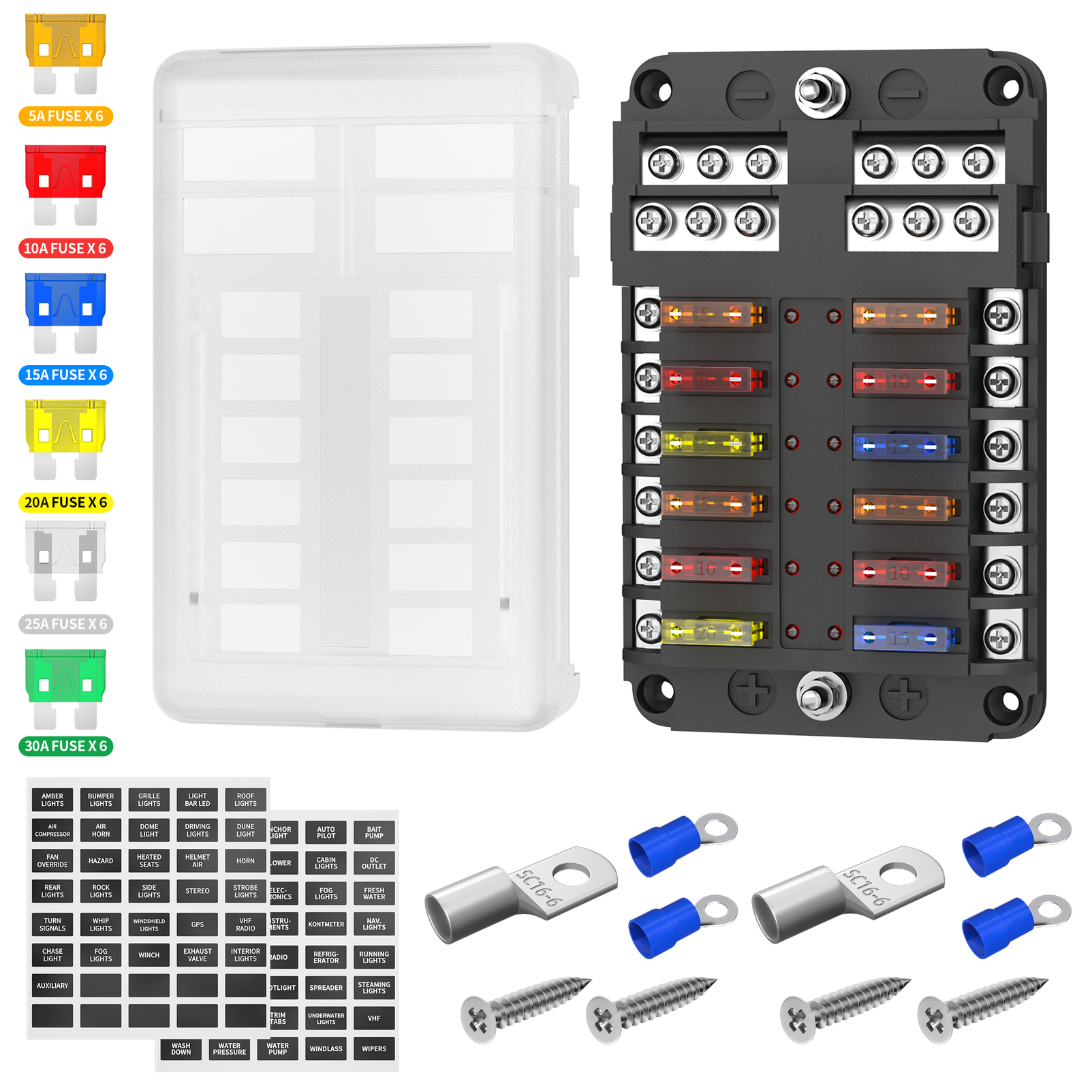 12 Way Blade Fuse Box 100A with Positive & Negative Busbar / Stud - 