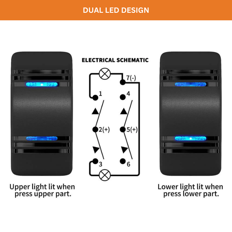 Rectangular Rocker Switch with Blue LEDs / ON-OFF-ON / DPDT