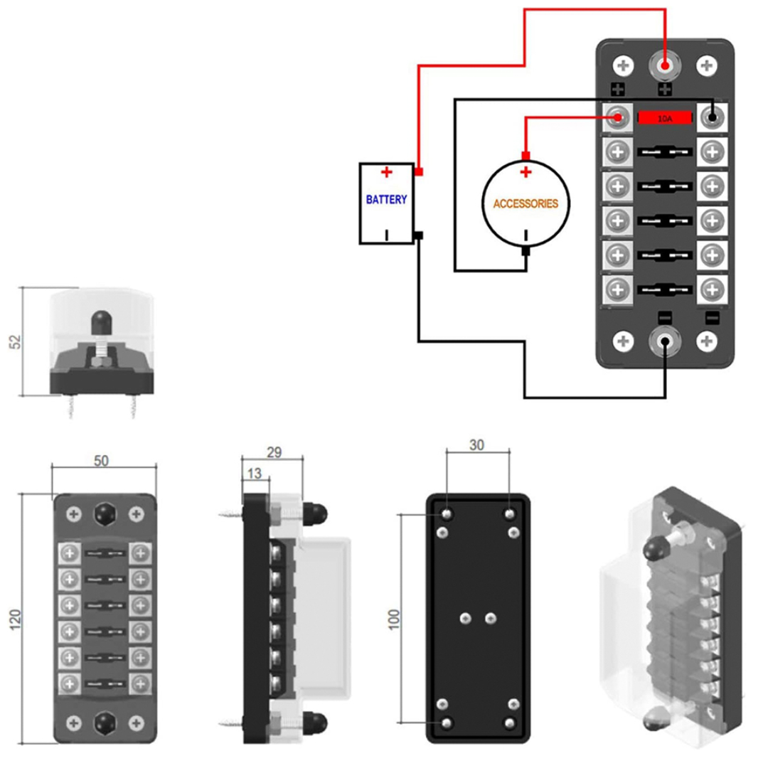 6 Way Fuse Box with Positive & Negative Busbar - 