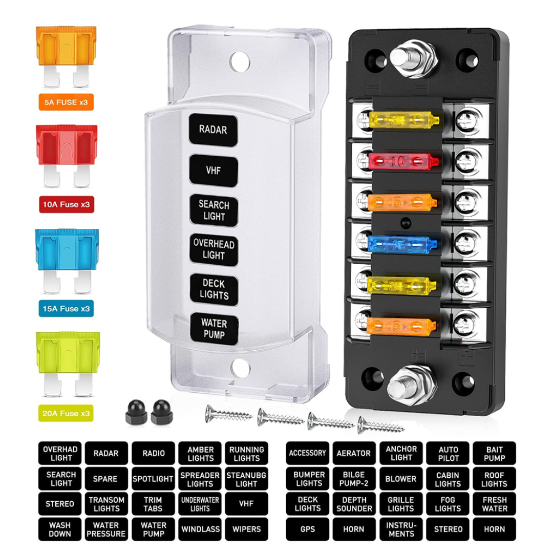 6 Way Fuse Box with Positive & Negative Busbar - 