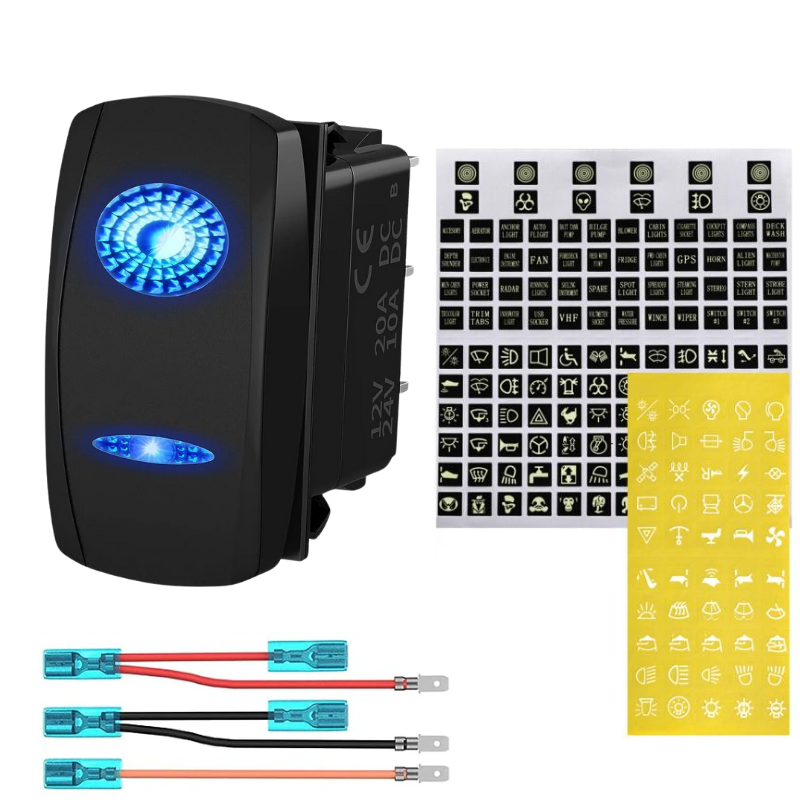 Rectangular Rocker Switch with Blue LEDs and Sticker Icons