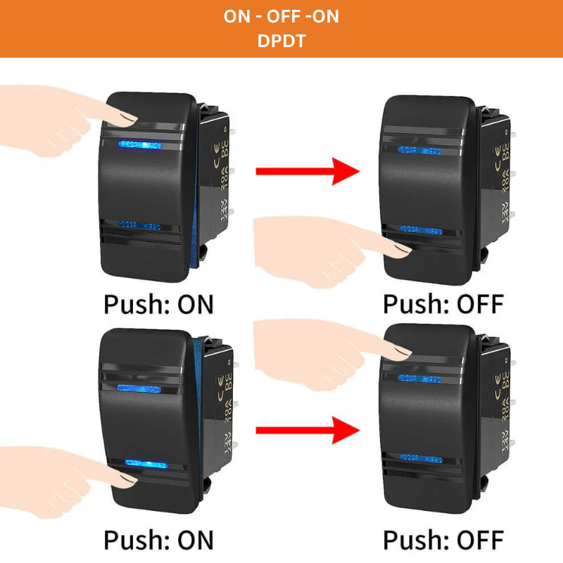 Rectangular Rocker Switch with Blue LEDs / ON-OFF-ON / DPDT